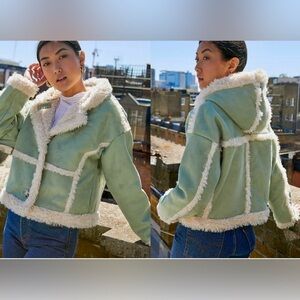 URBAN OUTFITTERS FAUX SHERLING GREEN CROPPED HOODED JACKET WOMENS SIZE L